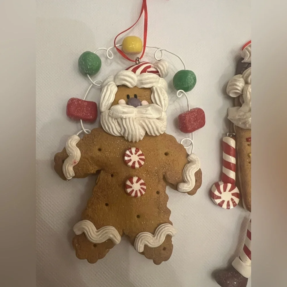 Set of 2 Santa gingerbread ornaments icing gumdrop crate & barrel peppermint